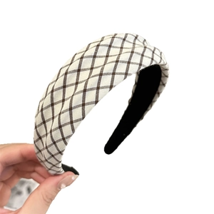 Classic British style plaid sponge headband with beige and brown fabric texture