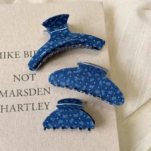 Pinza per Capelli in Acetato Stile Francese con Stampa Cuore Stella per Donna Fatto a Mano Blu Scuro