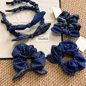 Blue Series Bow Hair Accessories Set Polka Dot Plaid Fabric Scrunchies Preppy Sweet Style Headbands For Girls Women School Hair Decor