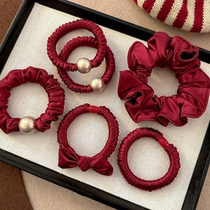 Burgundy Satin Bowknot Scrunchie Artificial Pearl Elastic Hair Tie Elegant Red Ribbon Ponytail Holder For Women Daily Hair Accessories
