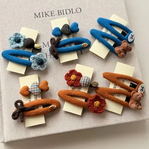 Autumn Winter Handmade Woolen Yarn Flower Bear Hair Clips For Women Girls Sweet Felt BB Side Clips Collection Hair Accessories