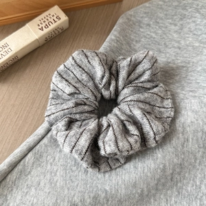 Retro grey striped knitted scrunchie for women with elegant oversized pleats