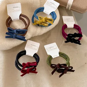 Five sets of high-elasticity double-layer hair ties with velvet bowknot decorations