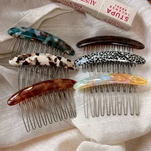 French handmade acetate fringe combs for women with elegant marble and tortoiseshell patterns