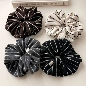 Set of 4 Korean style striped knit scrunchies in coffee, white, grey, and black colors