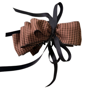 Elegant houndstooth ribbon bow hair claw clip with black silk ribbons for women