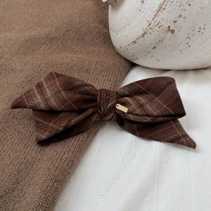 Retro brown plaid bow hair clip with gold metal plate and textured woolen fabric finish