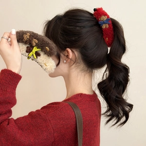 Fermaglio a Banana in Peluche a Forma di Orsetto Stile Coreano Pinza Verticale per Coda Alta Donna Autunno Inverno Gioielli Capelli