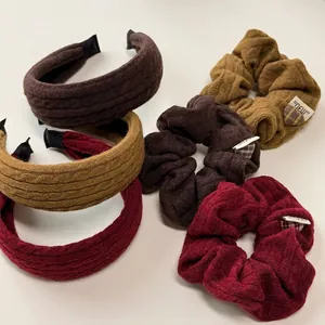 Retro knit twist wide headbands and scrunchies set in brown, camel, and burgundy colors