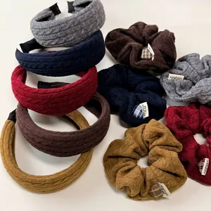 Knitted twist headband and matching scrunchie set in assorted autumn winter colors