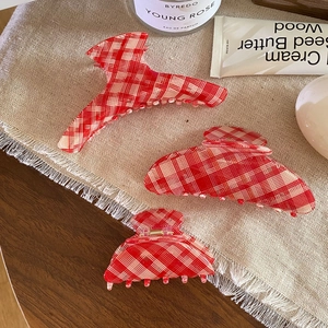 Retro Red White Plaid Acrylic Hair Claw Clip Vintage Gingham Shark Clip For Women Fashion Korean Style Hair Accessories