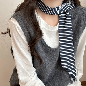 Navy and white striped knit long scarf for women with soft cotton feel in casual style