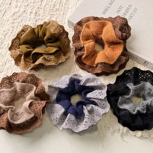 Vintage Lace Knit Scrunchies Double Layer Wool Hair Ties For Women Autumn Winter Large Elastic Ponytail Holder Hair Accessories