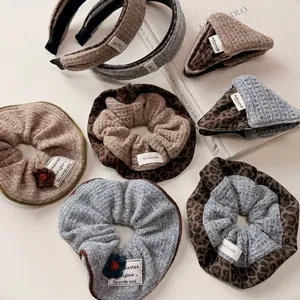 Retro leopard print knitted scrunchies and headband set for women's autumn winter style
