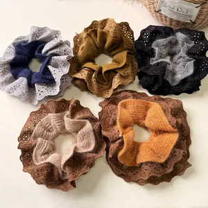 Five-piece set of knitted wool and lace scrunchies in autumn colors for women