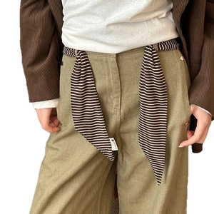 Olive green wide-leg trousers for women featuring a retro striped fabric belt accessory