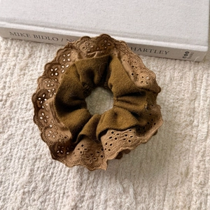Brown knitted scrunchie with eyelet lace embroidery edge in bohemian style for women