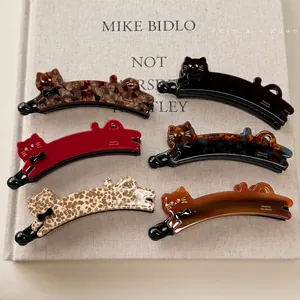 Cute Cat Shape Banana Clip Acetate Hair Clip With Rhinestone Eyes Bow Knot Decor For Women Girls Daily Hair Styling Accessories