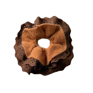 Chic double-layer wool and lace oversized scrunchie in warm brown for autumn hair styling