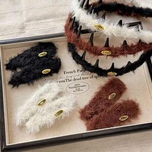 French Autumn Winter Plush Headband With Gold Metal Tag Gentle Brown Black White Furry Hair Clips For Women Hair Accessories
