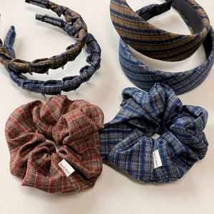 French fabric wide headband and scrunchies set with handmade label in vintage plaid
