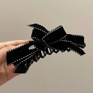 Vintage Black Velvet Bow Hair Claw Clip With Dotted Stitching Large Banana Clip Elegant Hair Styling Accessory For Women