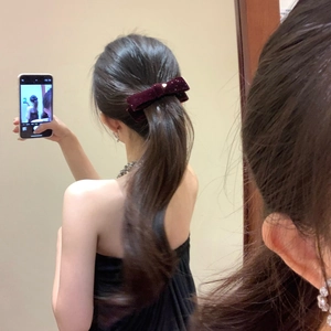Elegant wine red velvet bow banana hair clip for women featuring retro vintage styling