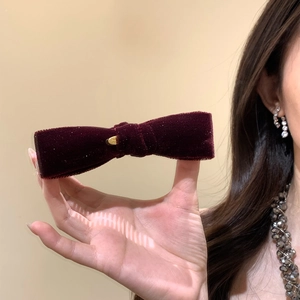 Vintage velvet bow banana clip in dark burgundy with gold drop metal accent for women