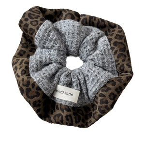 Vintage leopard print and grey knit scrunchie with handmade label for hair styling