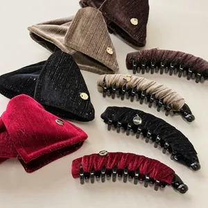 Vintage corduroy velvet banana hair clips in four colors with gold handmade charms