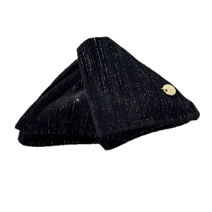 Elegant black velvet triangle hair claw clip with silver stripes and handmade gold label