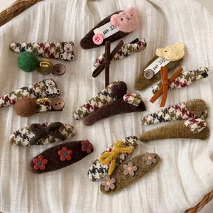 Vintage Brown Coffee Hair Clip Set Retro Sweet Bear Bow Plaid Autumn Winter Fabric Snap Clips For Women Hair Accessories