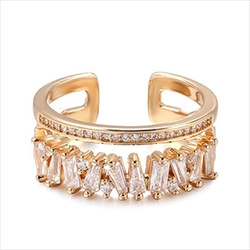 Macro detail of double-layer gold ring with staggered baguette and round cubic zirconia stones