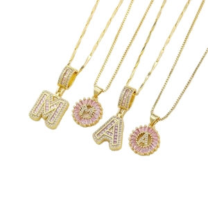 Luxury gold necklaces with pink baguette zircon letter M and A pendants for women