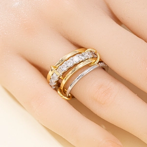 Multi-layered interlocking ring with sparkling cubic zirconia in gold and silver finish
