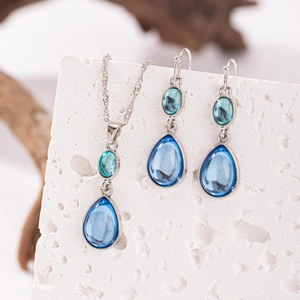 Gioielli Vintage in Lega Placcata Argento Collana Orecchini a Goccia Strass Blu Regalo Personalizzato Donna Stile Indonesiano
