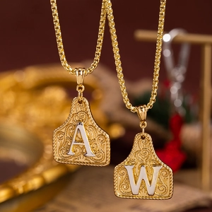 Collana con Ciondolo Lettera Inglese in Rame Vintage Incisione Occidentale Targhetta Orecchio Oro Argento Placcato Gioielli Donna