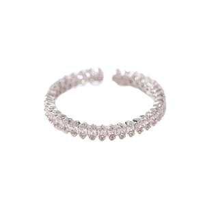 Adjustable silver hollow heart open ring featuring sparkling rectangle cut zircon stones