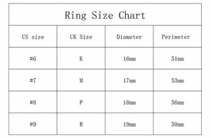 International ring size chart for adjustable cross ring showing US and UK measurements