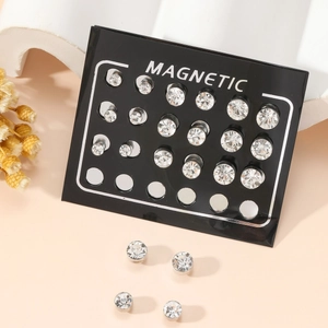 Detailed view of magnetic zircon earrings set in silver metal on black card