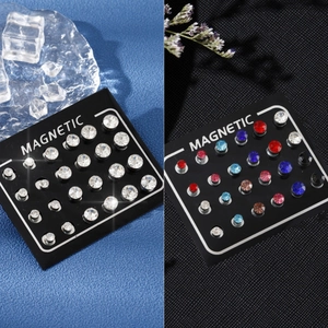Parure Boucles d'Oreilles Magnétiques en Zircone Unisexe Sans Perçage Strass Coupe Ronde Acier Inoxydable Mode Bijoux
