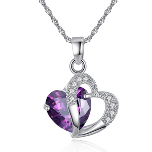 Elegant silver heart necklace featuring a purple zircon pendant and crystal accents