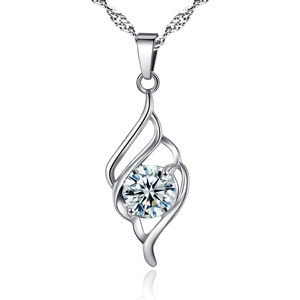 Detail of angel wing pendant with round brilliant-cut zircon on a silver chain
