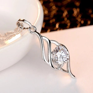 Elegant silver angel wing necklace with a large round zircon stone on a delicate chain