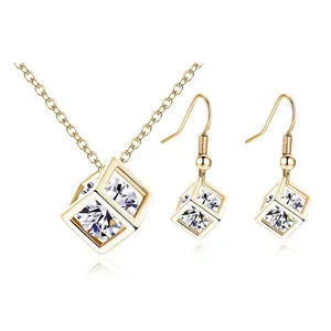 Simple Geometric Cubic Zirconia Necklace And Earrings Copper Gold Silver Plated Hollow Rubik Cube Jewelry For Women