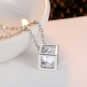 Minimalist silver cubic zircon pendant necklace with hollow square design and crystal charm