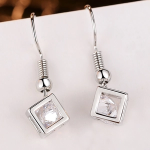 Elegant silver zircon square drop earrings with minimalist geometric hook design for women