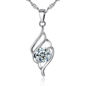 Elegant angel wing zircon pendant necklace with silver flame outline on white background