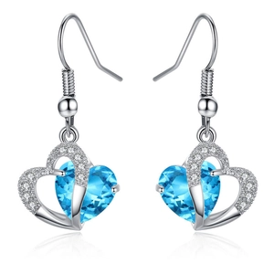 Elegant silver heart earrings featuring sky blue crystals and sparkling white zircons