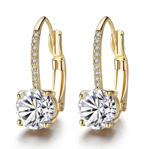 Boucles d'Oreilles Dormeuses de Luxe en Cuivre Zirconia Coupe Brillante Ronde Plaqué Or 18K Argent Bijoux Mode Femme